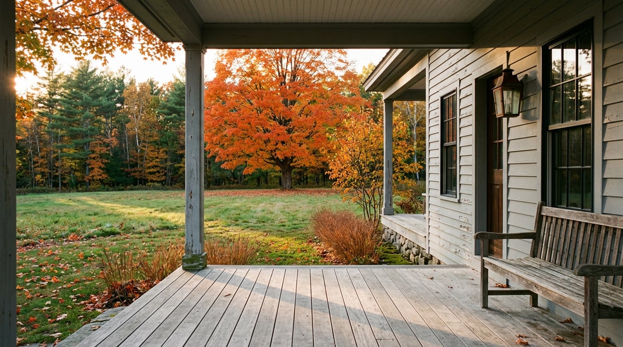 Farmhouse porch overlooking a deep lawn, with fall-colored maple trees beyond and long shadows across the decking.