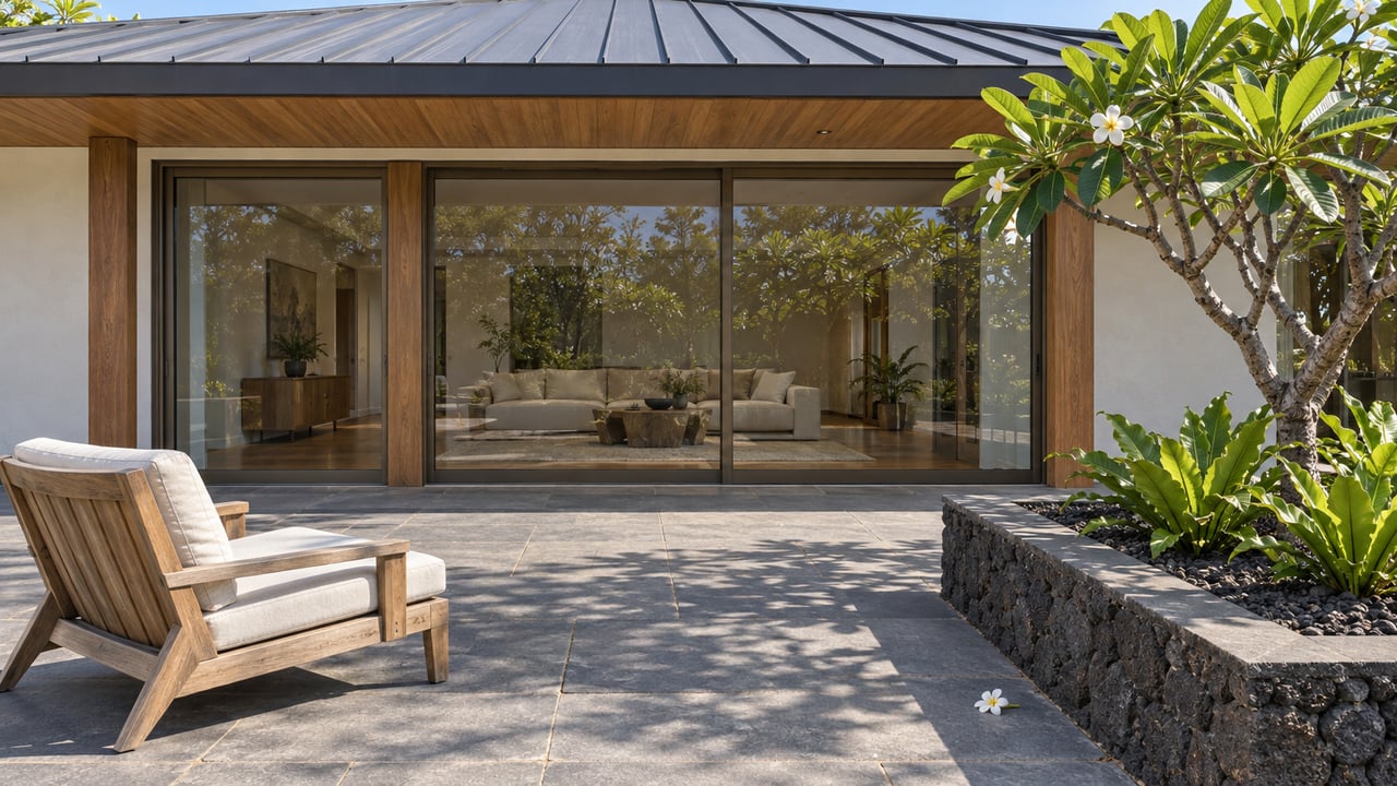 Low-roofed luxury pavilion with closed glass doors, timber eaves, basalt terrace and a flowering specimen tree in a raised lava-stone bed.