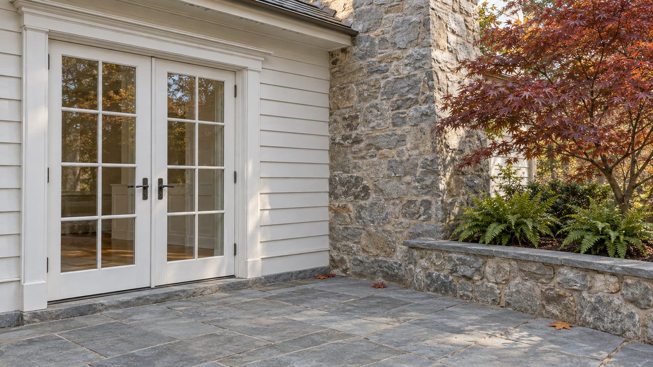 White clapboard home with paired French doors, a fieldstone chimney and a weathered bluestone terrace beside a copper-leaved Japanese maple.
