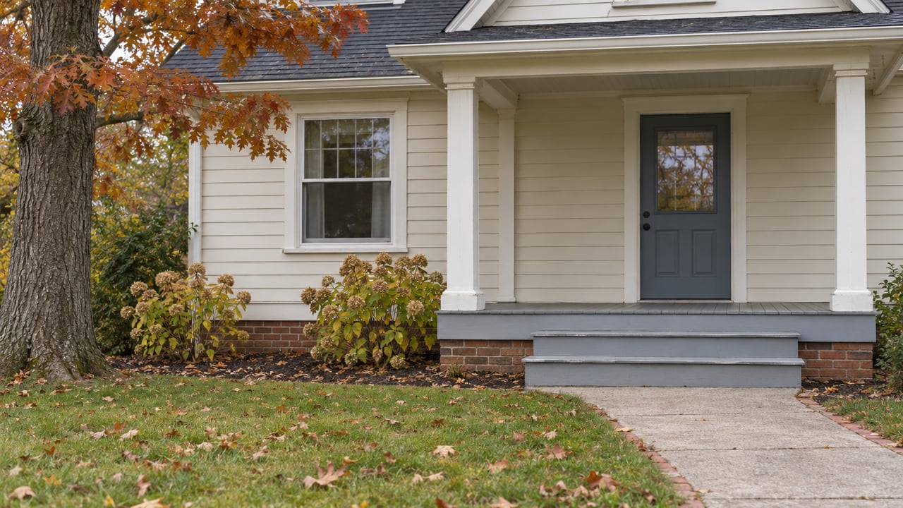 An ivory clapboard home with a blue front door, raised porch, autumn lawn and dried hydrangea flowers.
