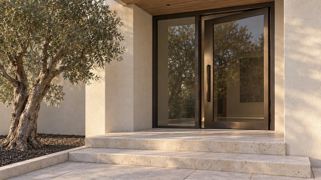 Contemporary residential entrance with bronze-framed glass, ivory stucco, limestone steps, and a mature olive tree.