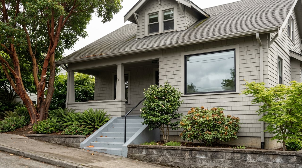 Grey shingle house on a sloped corner lot, with concrete steps, basalt retaining wall, and mature arbutus tree.