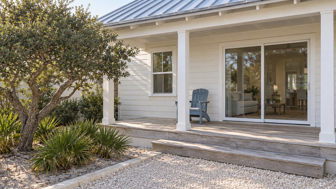 An ivory-sided cottage with a silver metal roof, pale timber porch, blue chair and a sandy planting bed beneath a branching oak.