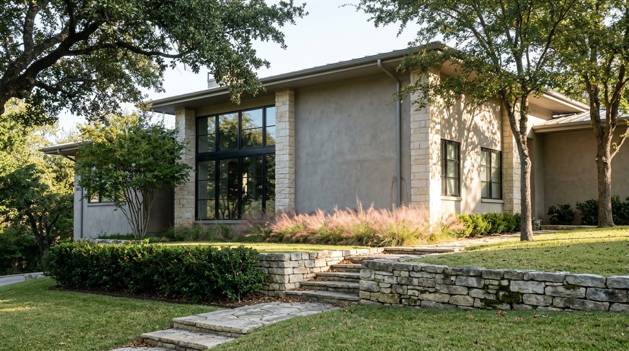 Stucco-and-limestone estate with black-framed windows above a sloping lawn, stone wall, steps, and oak canopy.