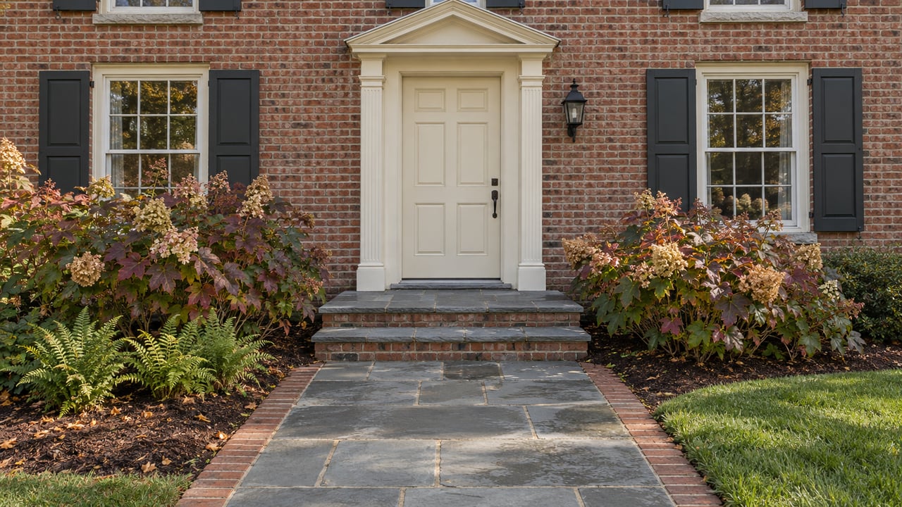 Brick house entrance with a cream paneled door, dark shutters, worn slate steps and autumn oakleaf hydrangeas.