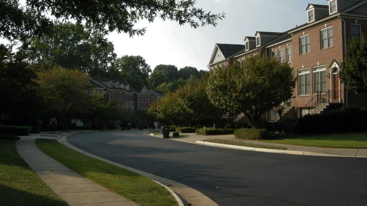 Oakton residential street with brick townhouses, curved sidewalks, and mature trees.