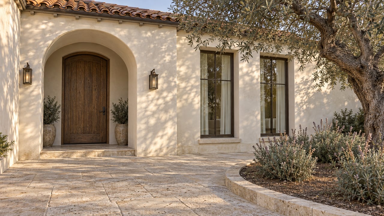Warm-white stucco estate entry with aged clay roof tiles, oak door, limestone paving and a sculptural olive tree.