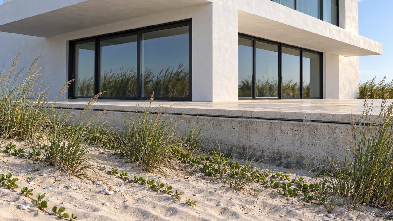 White two-story beachfront home behind a concrete retaining wall and limestone terrace, with dune grass on the sand slope.