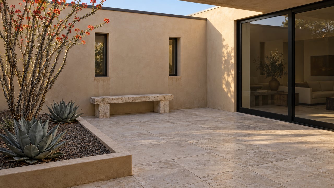 Desert courtyard with a limestone bench, black-framed sliding glass door, and branching ocotillo beside two agaves.