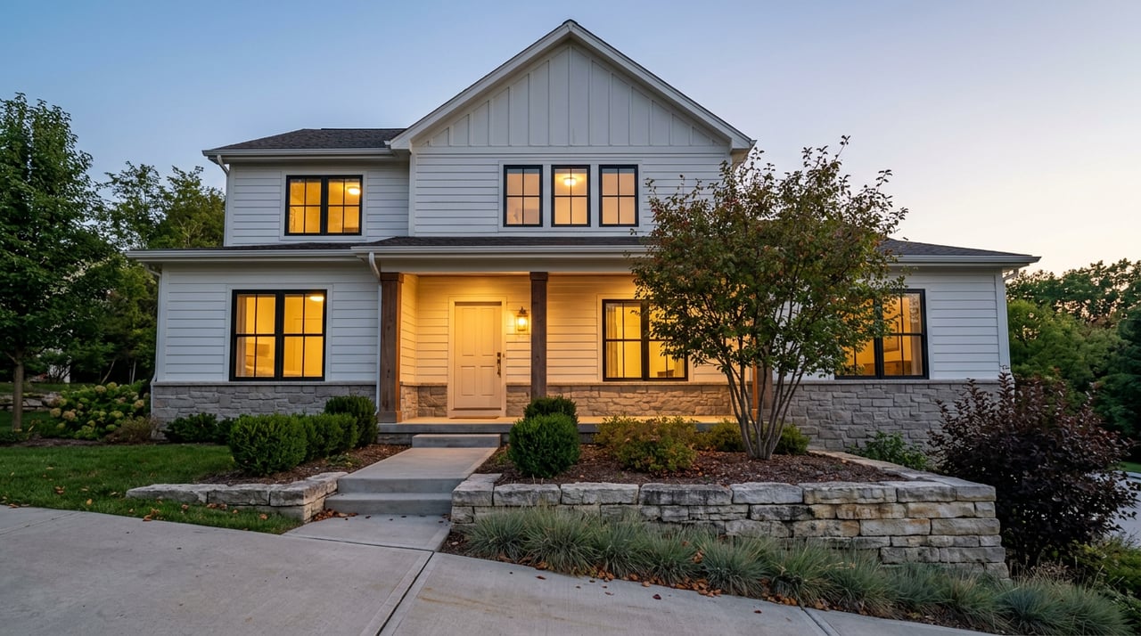 Two-story white house with warm glowing windows, timber porch posts, and a terraced stone wall on a sloped lot.