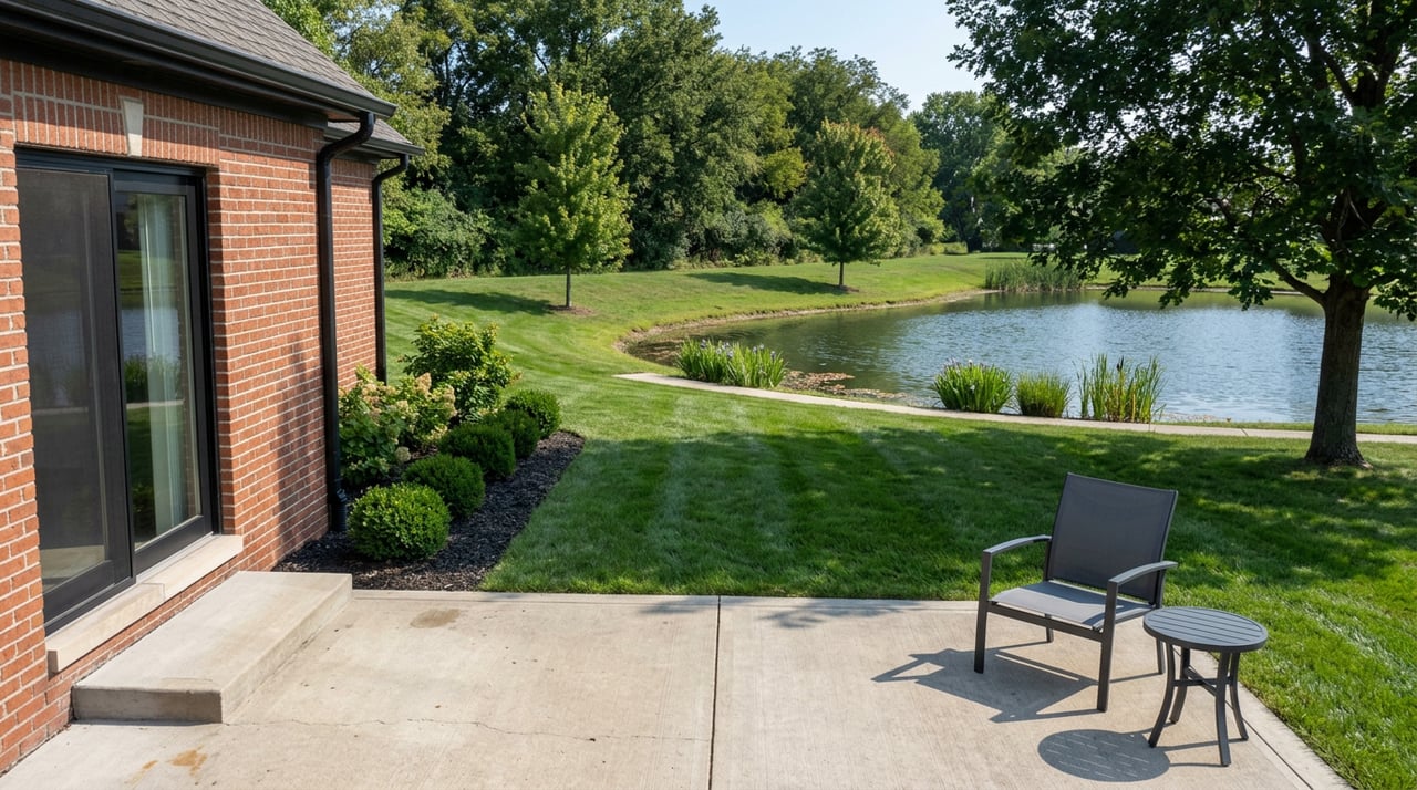 Mown backyard lawn leading to a small pond, with a brick home at the edge of view.