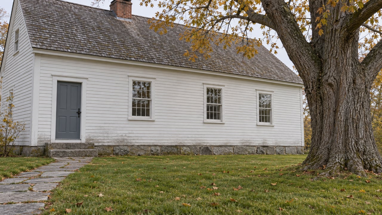 White clapboard house with divided-light windows and granite steps beyond an autumn lawn, framed by a mature elm.
