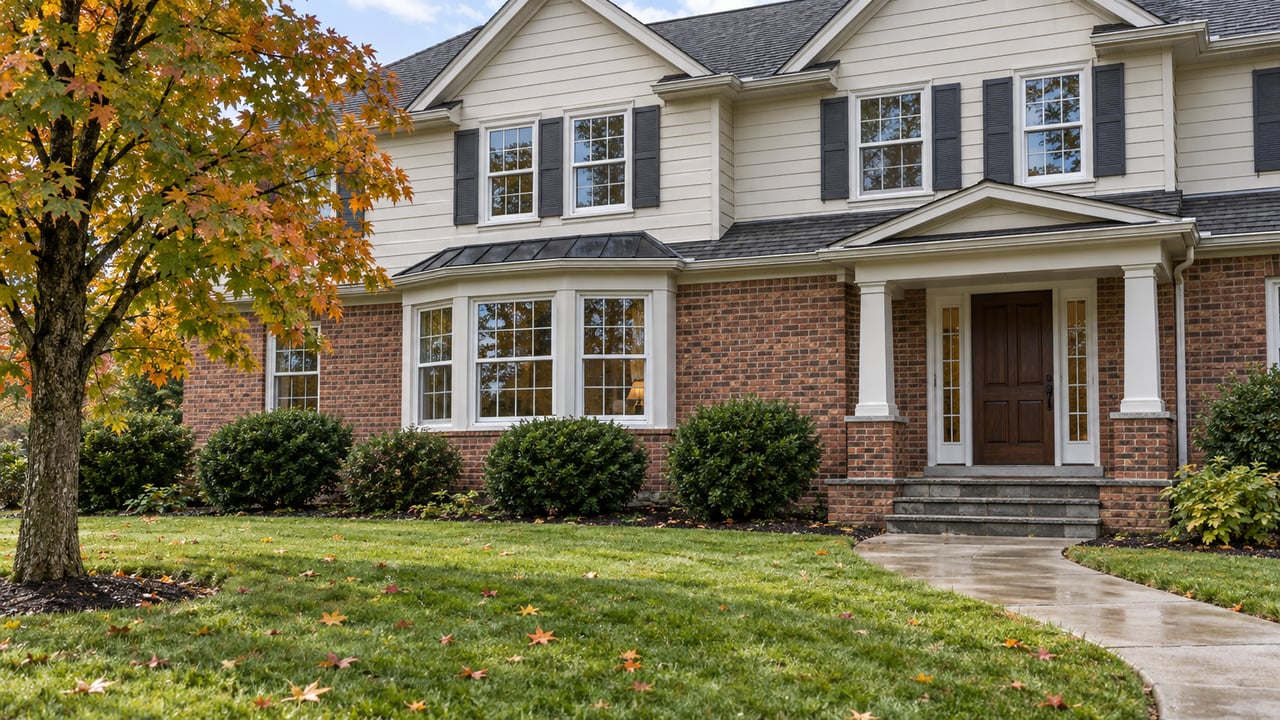 Brick and ivory-sided two-story home with a columned entry, curved front walk and autumn maple above a deep green lawn.
