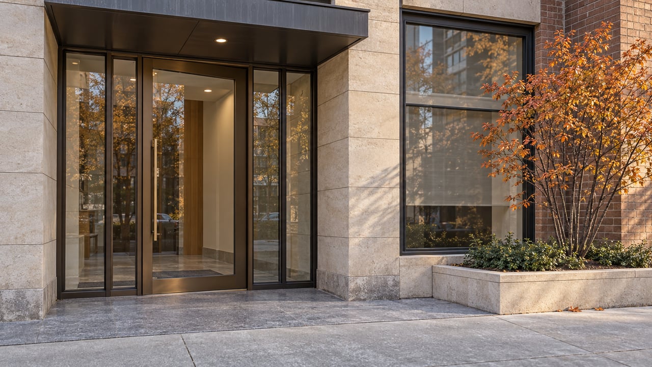 Morning light crosses a limestone and bronze residential entrance beside a copper-leaved serviceberry.