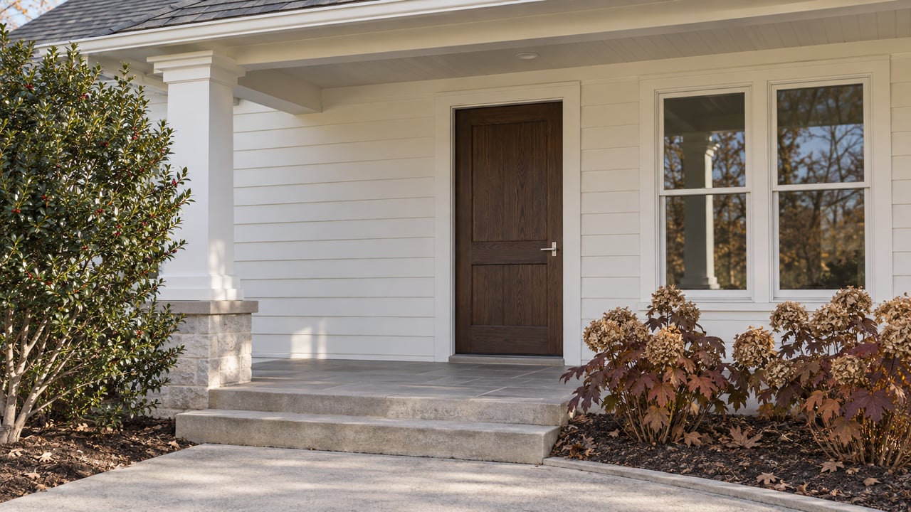 White-sided home entry with a dark wood door, pale tiled porch, concrete steps, and burgundy oakleaf hydrangeas.