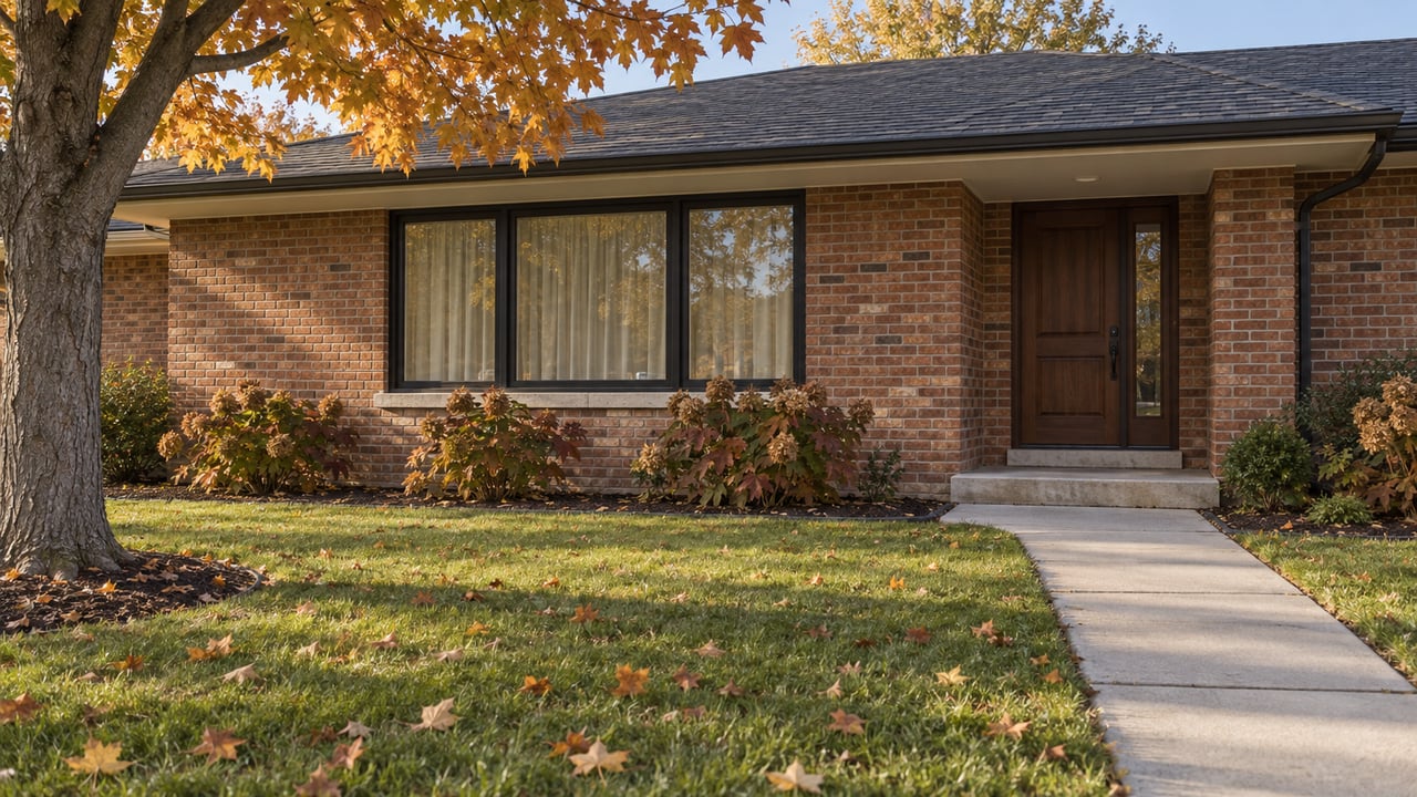 Autumn light across the deep lawn of a brick ranch house with limestone trim, black window frames and a recessed wood front door.