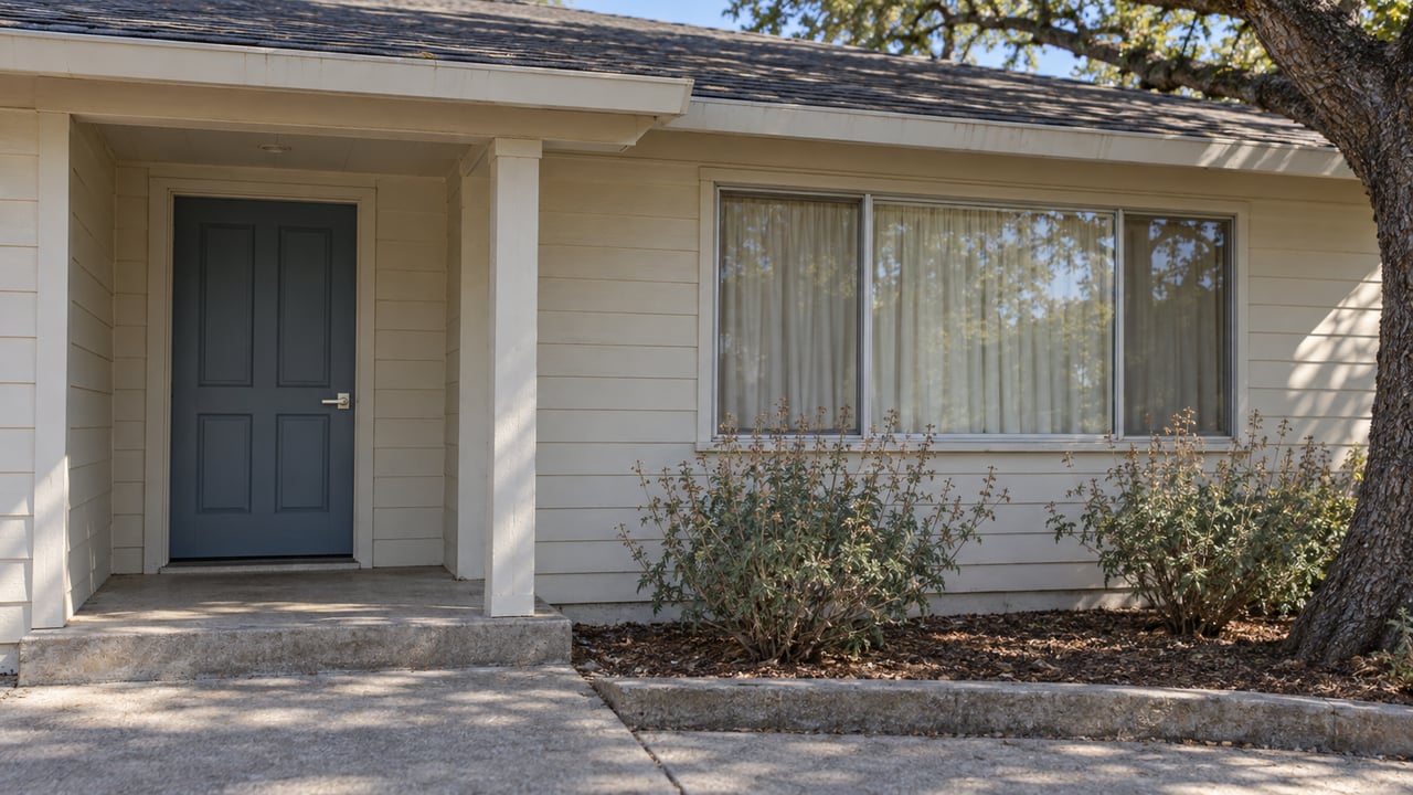 Modest single-story home with a muted blue front door, off-white wood siding, concrete approach and carefully maintained native planting.