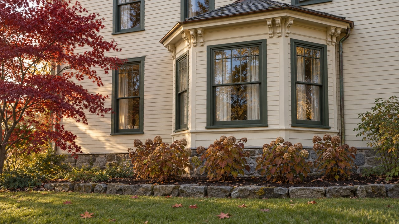 Ivory clapboard house with olive sash windows, a slate-roofed bay and a compact autumn garden edged in fieldstone.