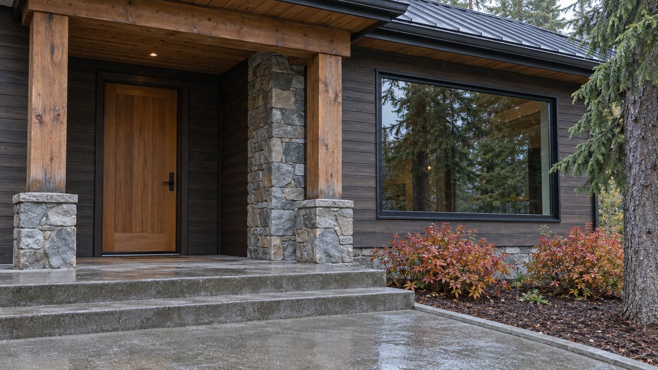 Rain-darkened concrete steps lead to a covered cedar entry beside gray stone masonry and a large window, with spruce branches and copper-red blueberry foliage.