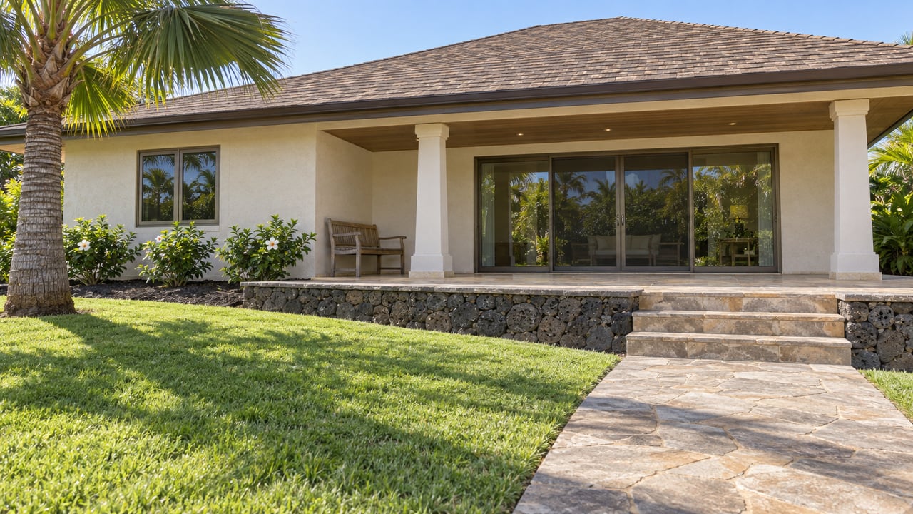 Cream single-story home with a broad brown roof, covered stone terrace, deep green lawn and a sculptural fan palm.