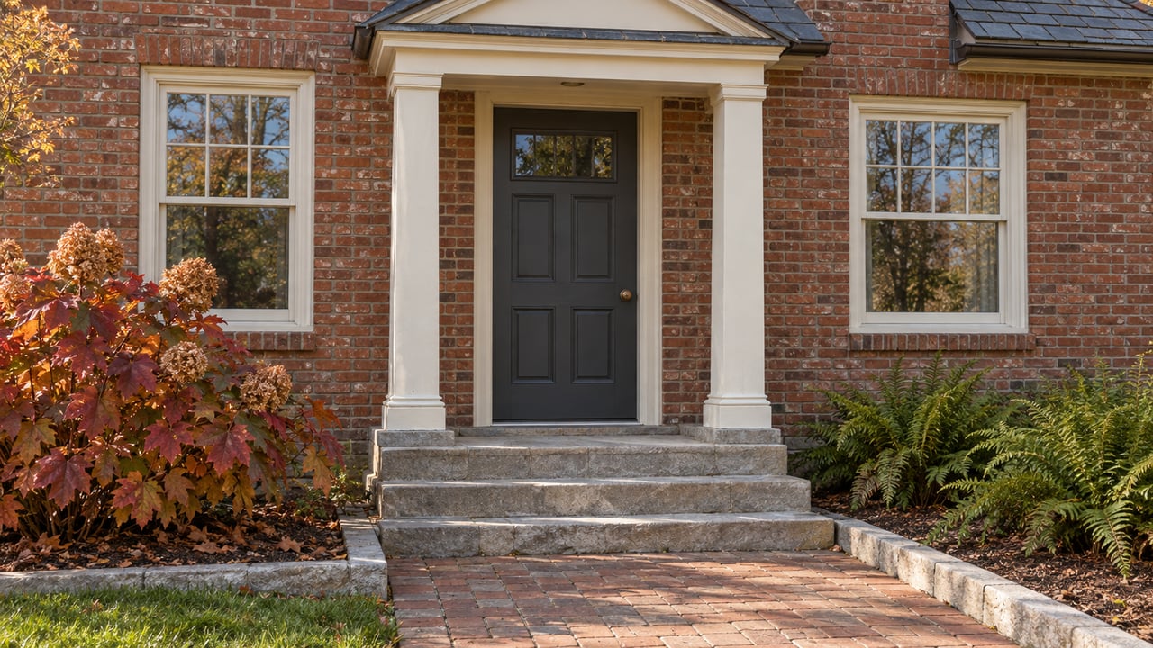 A brick home entry with an ivory portico, charcoal door, limestone steps and autumn oakleaf hydrangea.