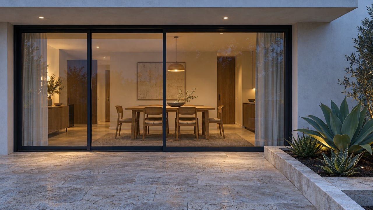 A glass-fronted home opens onto a limestone terrace with an agave and aloe beside a warmly lit dining alcove.