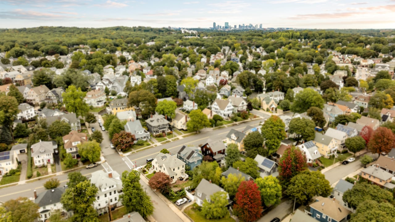 Aerial view of Roslindale homes beneath a leafy canopy, with the Boston skyline in the distance.