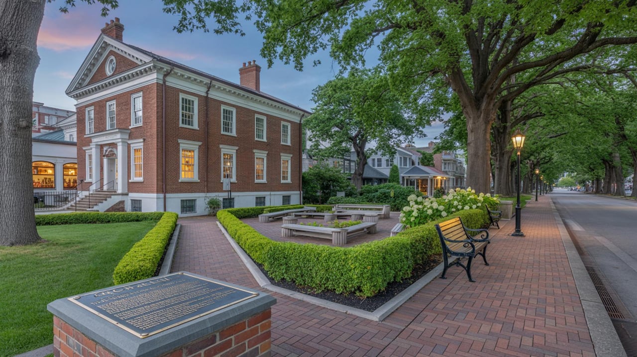 Red-brick Georgian building beside a brick walkway, clipped hedges, benches, and leafy trees.