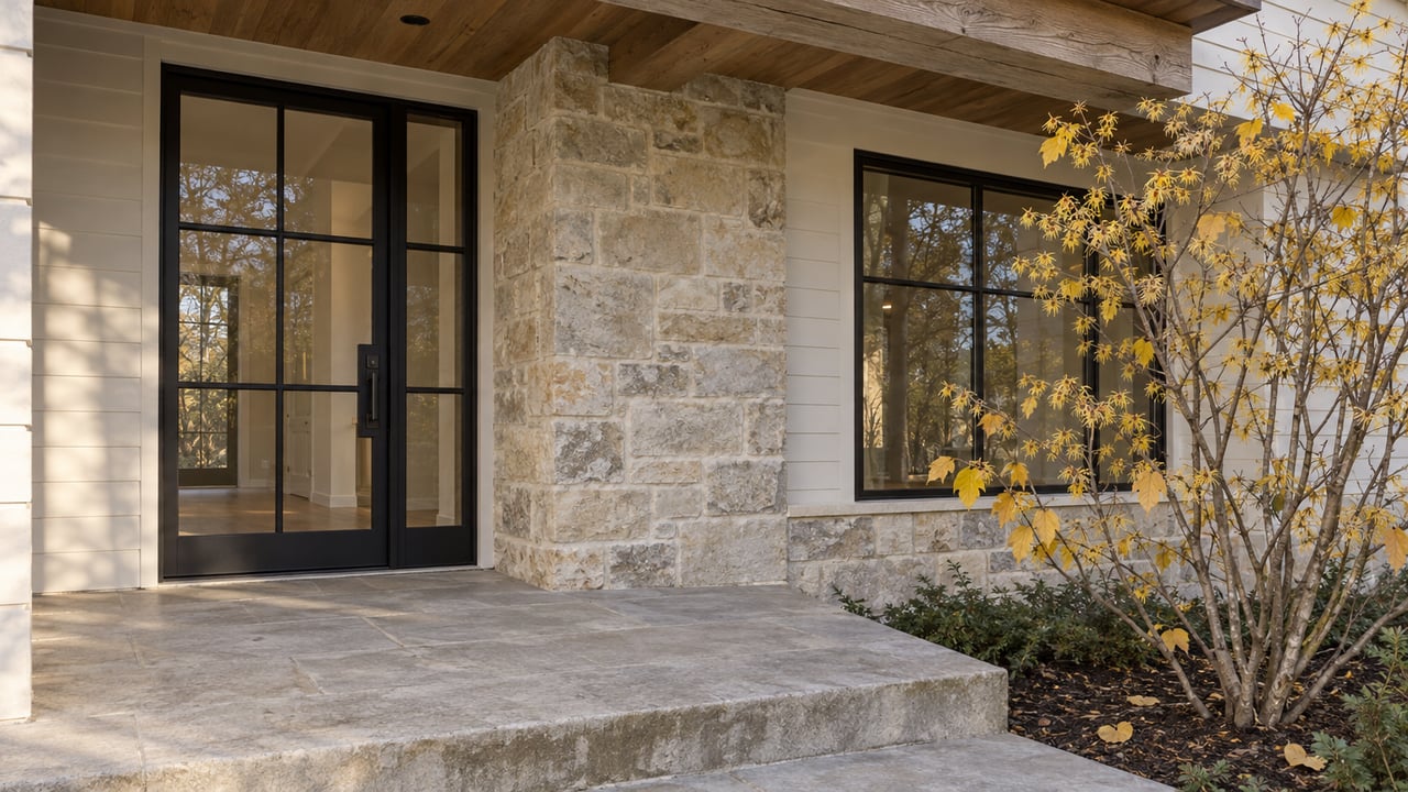 Late-autumn light across a covered stone entrance with black-framed glazing, warm wood ceiling, and yellow-flowering witch hazel.