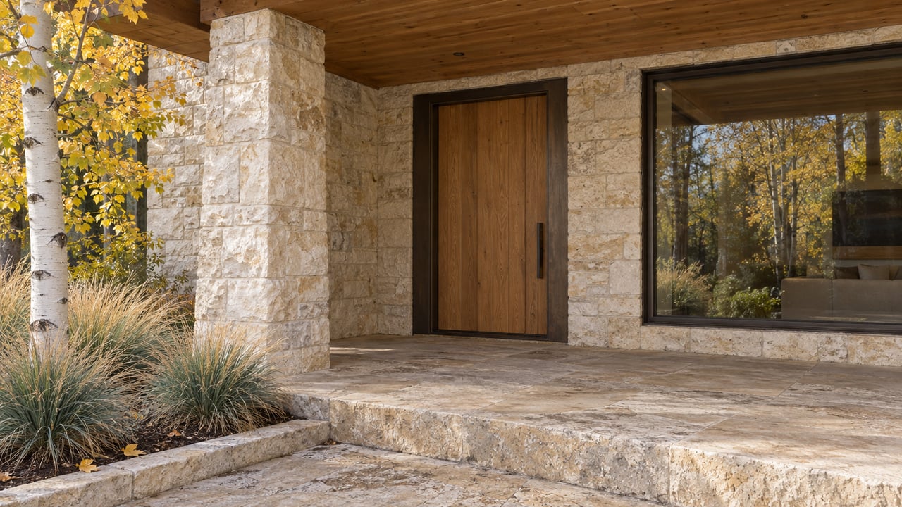 Covered timber entrance with pale stone cladding, bronze-framed glazing, a sandstone landing, and a golden-leaved aspen.
