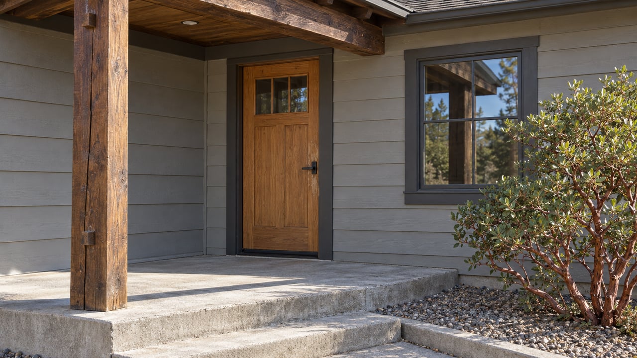 Timber-framed covered entry with an oak door, gray lap siding, divided window and red-barked manzanita beside concrete steps.