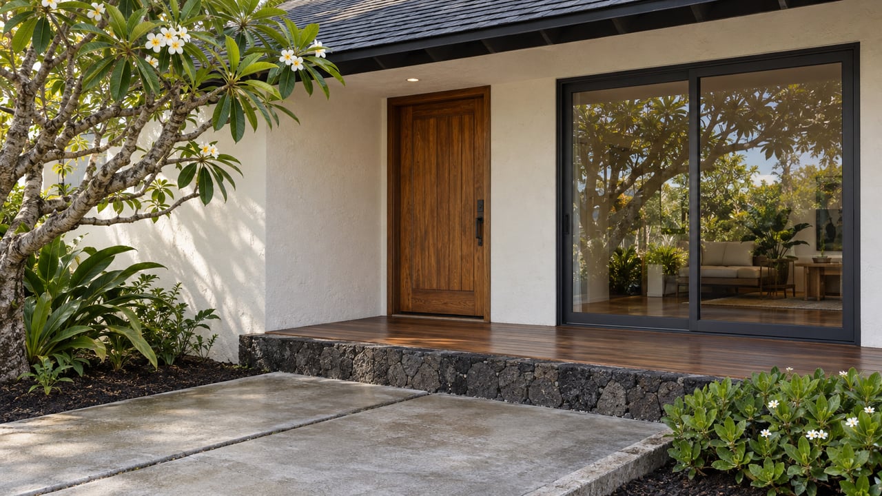 Cream stucco home entry with a timber door, glass slider, concrete approach, and plumeria tree.