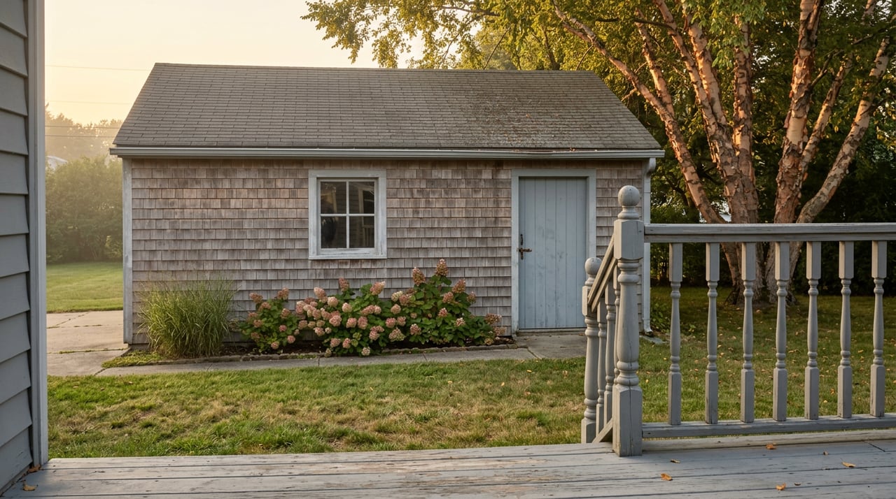 Raised deck overlooks a grassy side yard, detached shingled garage, and sunlit river birch.