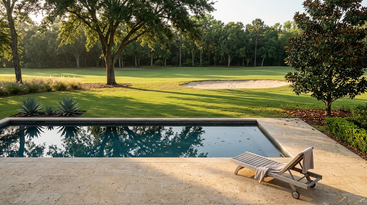 Pool and limestone terrace overlook manicured lawn, a sand bunker, live oak, and magnolia.