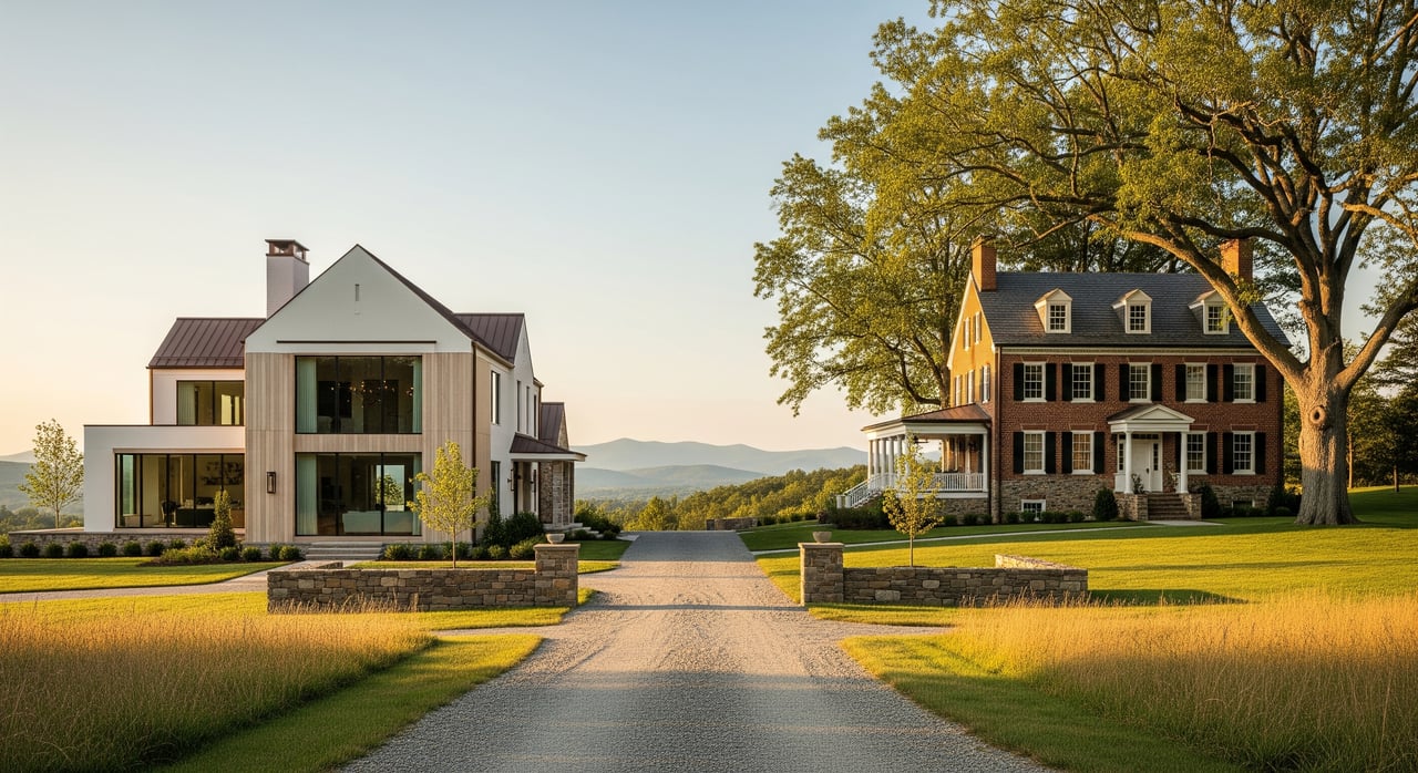 Paved drive between a modern white home and a brick colonial house beneath a large tree.