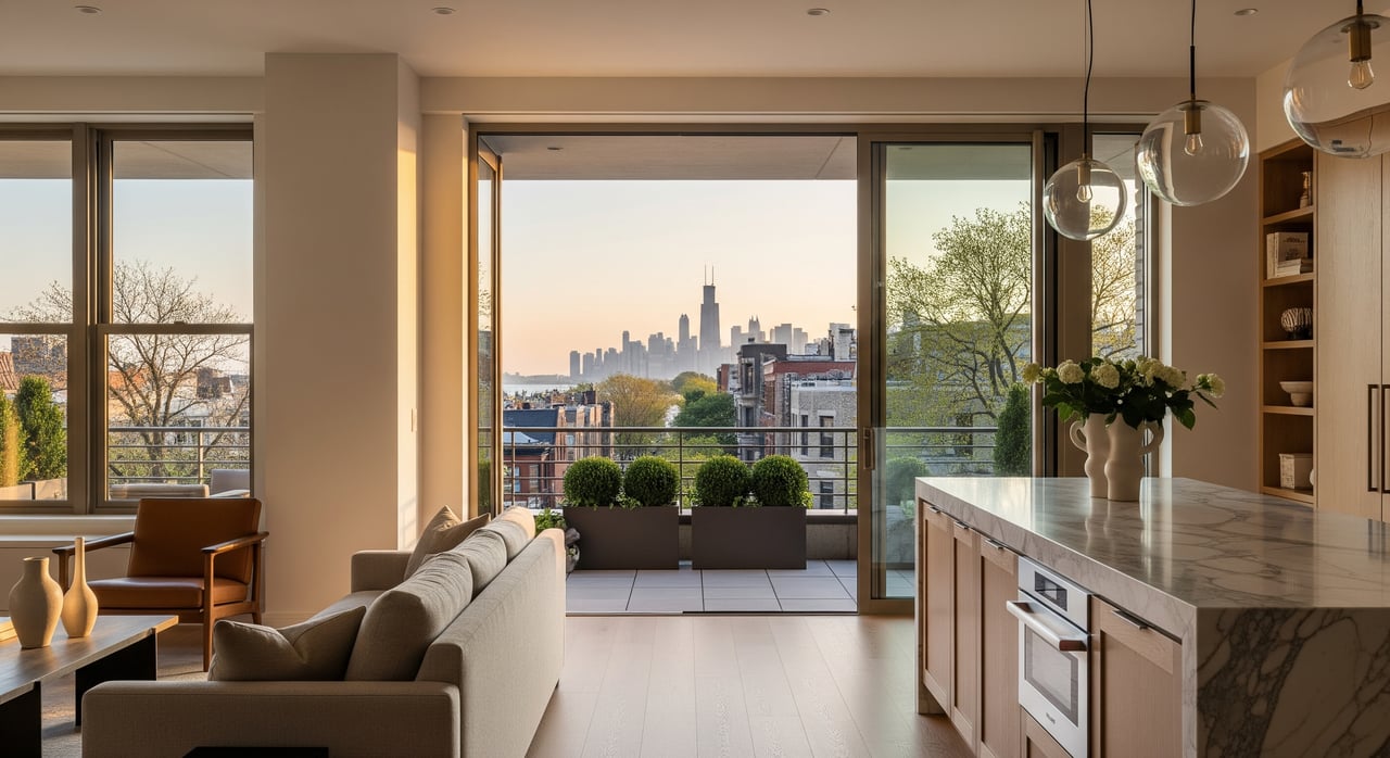 Open-plan living room and kitchen overlooking a city skyline, balcony, and planters through floor-to-ceiling windows.