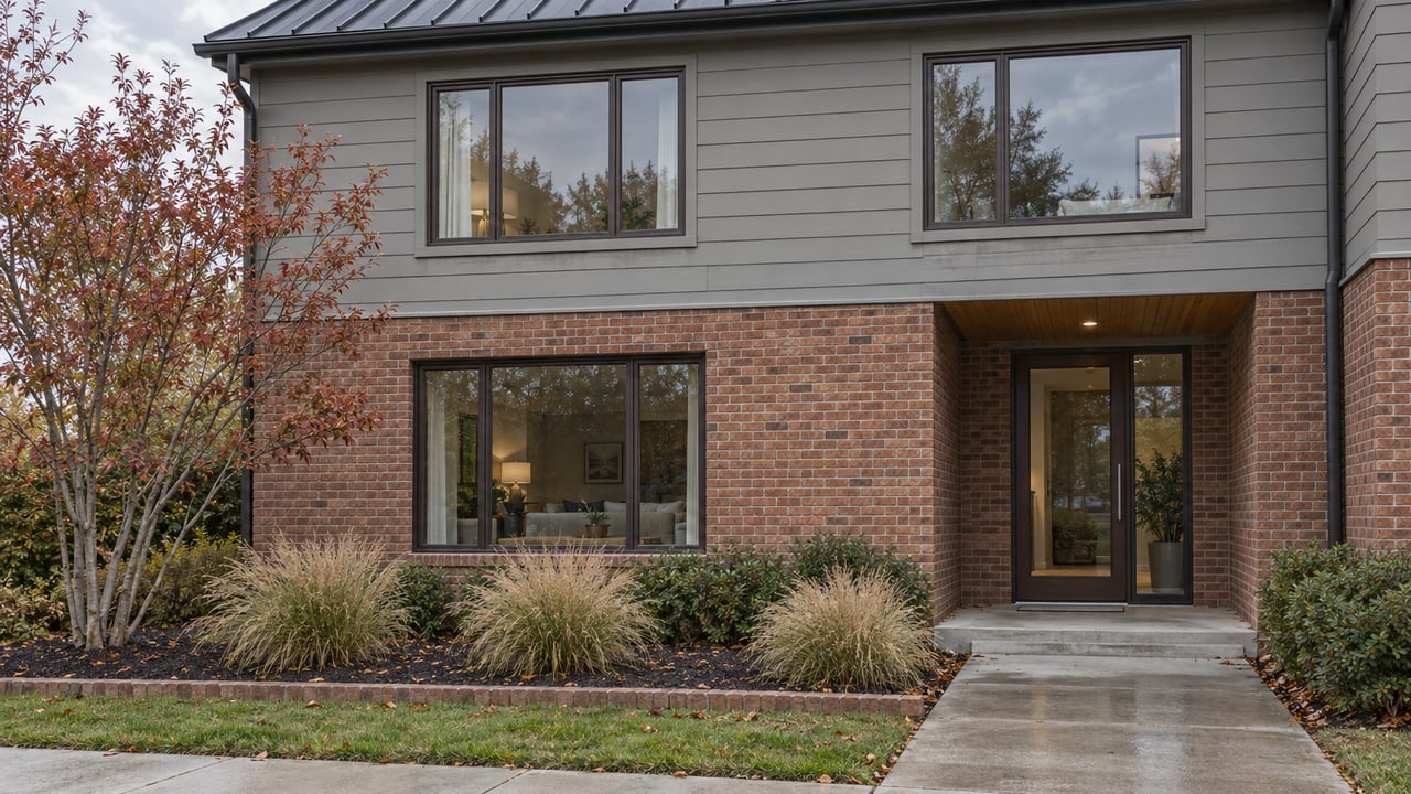 Two-story residence with red-brown brick, gray siding, recessed entry, and autumn grasses along a concrete walk.