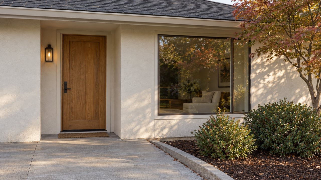 Cream stucco home with an oak front door, bronze-framed picture window, and a Japanese maple beside a concrete approach.