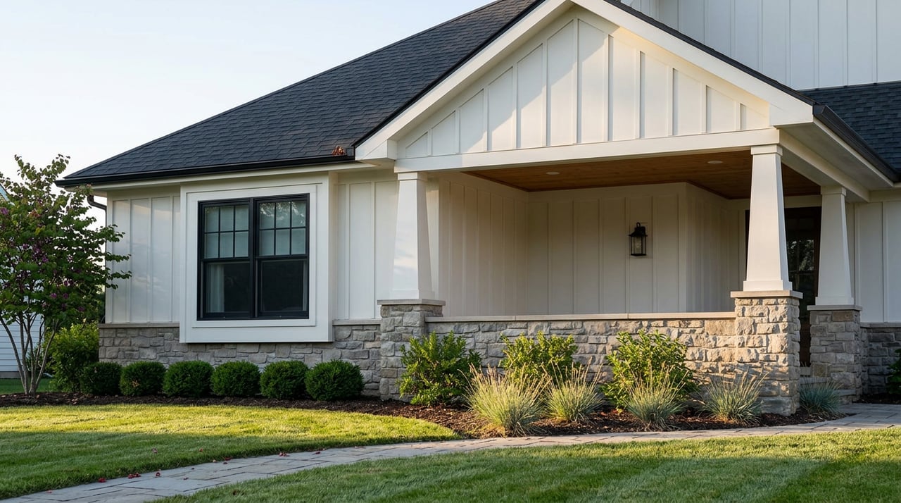Suburban home porch with fieldstone piers, white board-and-batten siding, a curved paver walk, and redbud tree.