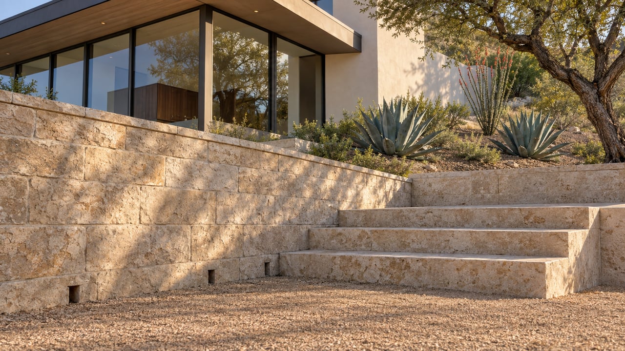Warm-white hillside house above a limestone retaining wall, broad steps, gravel terrace, and desert plants.