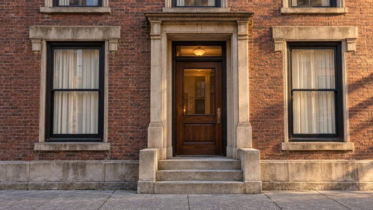 Late-afternoon light crosses an aged brick apartment entrance with limestone steps, a walnut door, and tall sash windows.