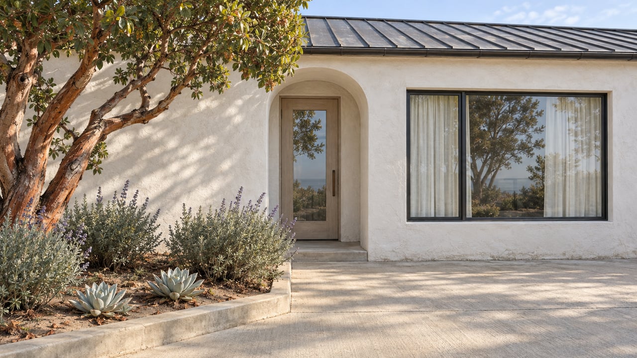 White stucco cottage with an arched oak-and-glass entry, charcoal metal roof, and a concrete approach edged by sculptural planting.