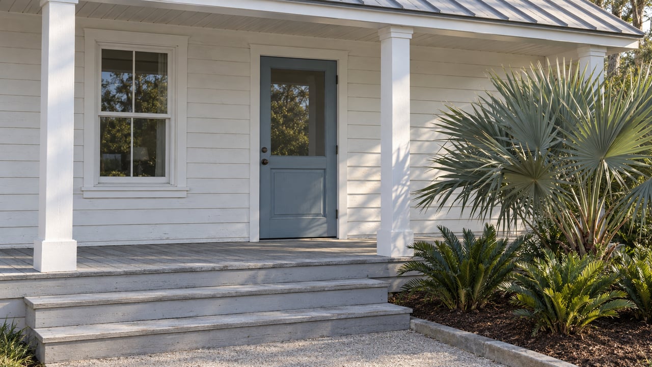 A white wood cottage entry with a dusty-blue glazed door, weathered porch steps, and silver saw palmetto beside a bordered planting bed.