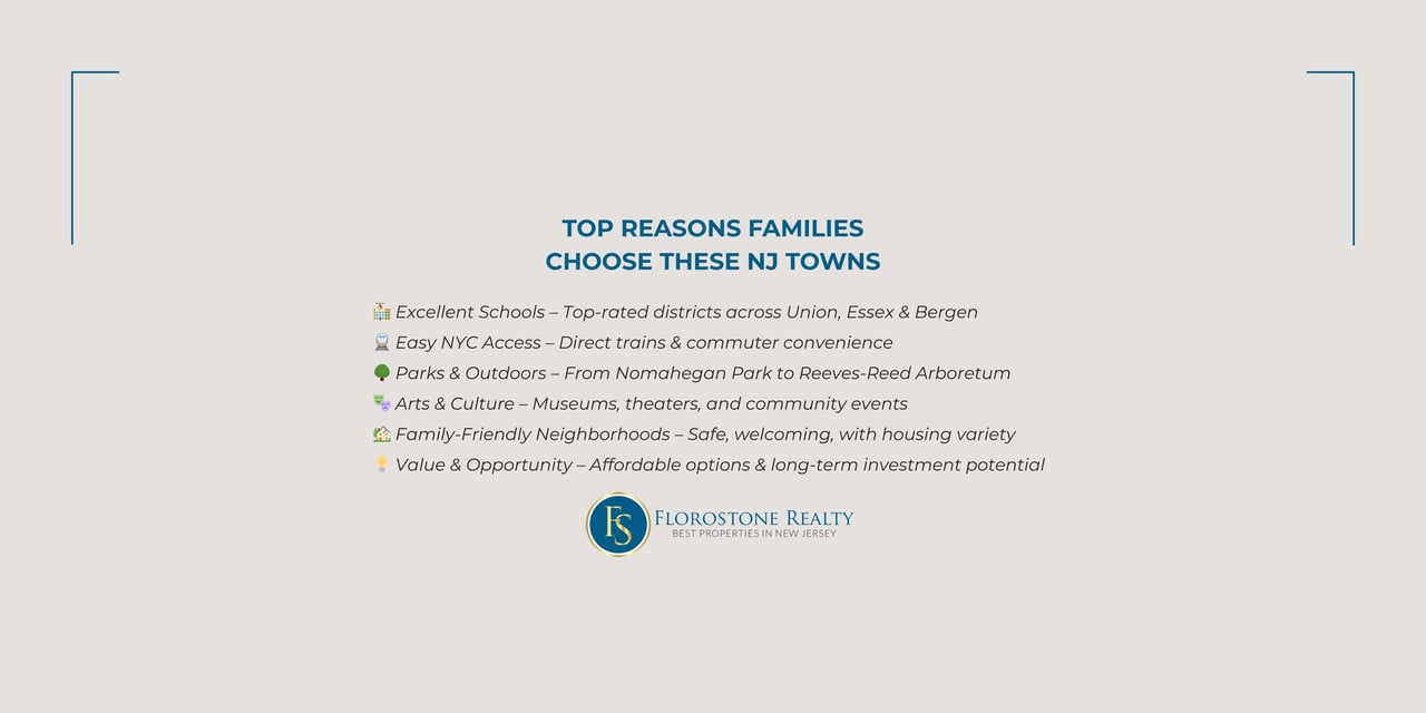 Top Reasons Families Choose These NJ Towns. List with schools, NYC access, parks, culture, neighborhoods, value.