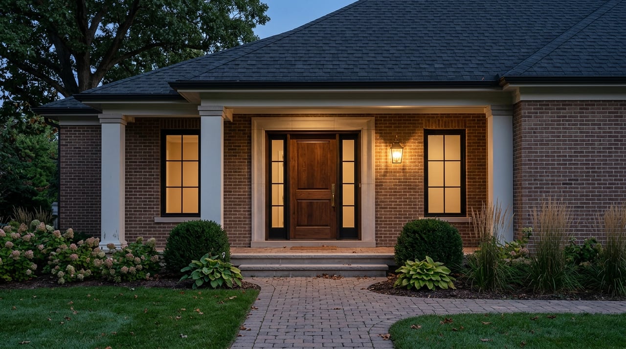Brick-and-stone entry portico at dusk, with a glowing brass lantern beside the walnut door.