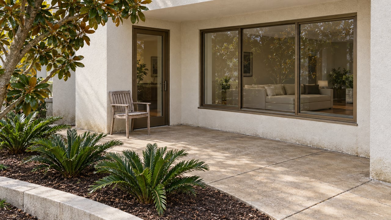 A sunlit condominium terrace with warm-white stucco, bronze-framed glazing, a teak chair and a concrete-edged planting bed.