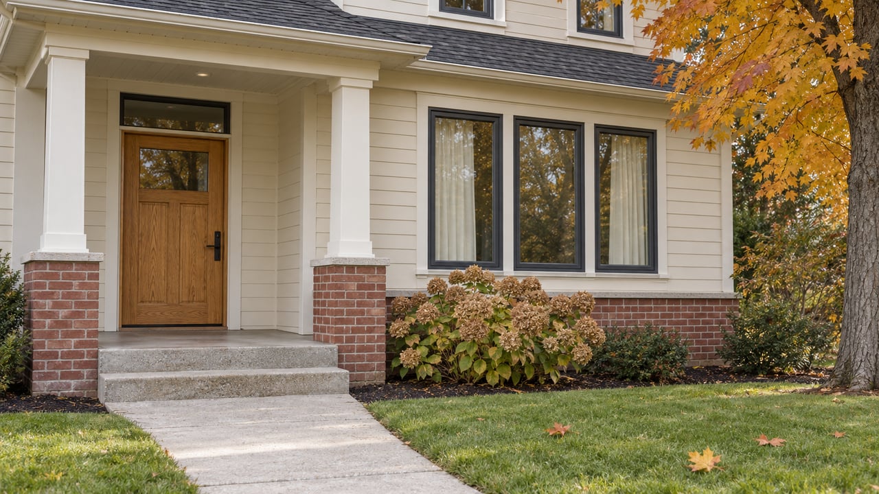 An oak front door and broad window beneath a covered porch, with cream siding, a red brick base and golden maple foliage.