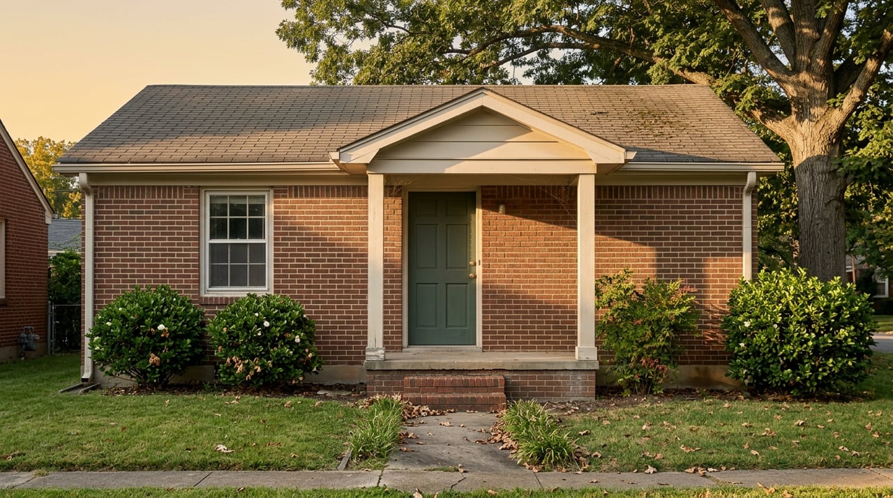 Aging red-brown brick bungalow with a green door, oak canopy, and concrete walkway.