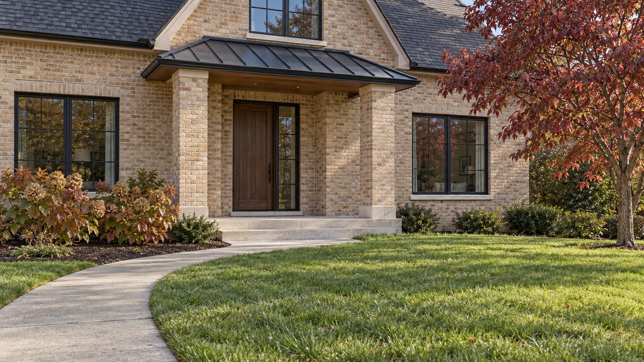 Buff-brick home with black-framed windows, a limestone porch, deep front lawn, and a burgundy-leaved dogwood in autumn sunlight.
