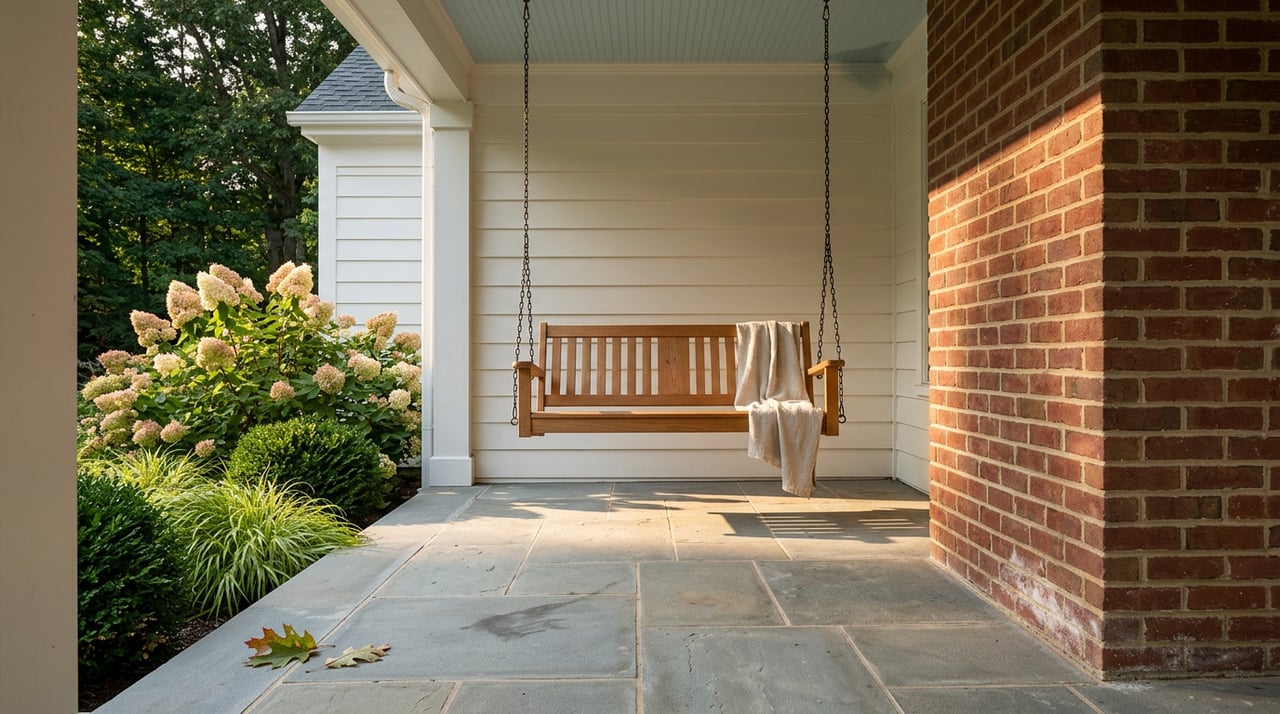Wooden porch swing on black chains beside a red-brown brick pier, with a folded linen throw and hydrangeas.